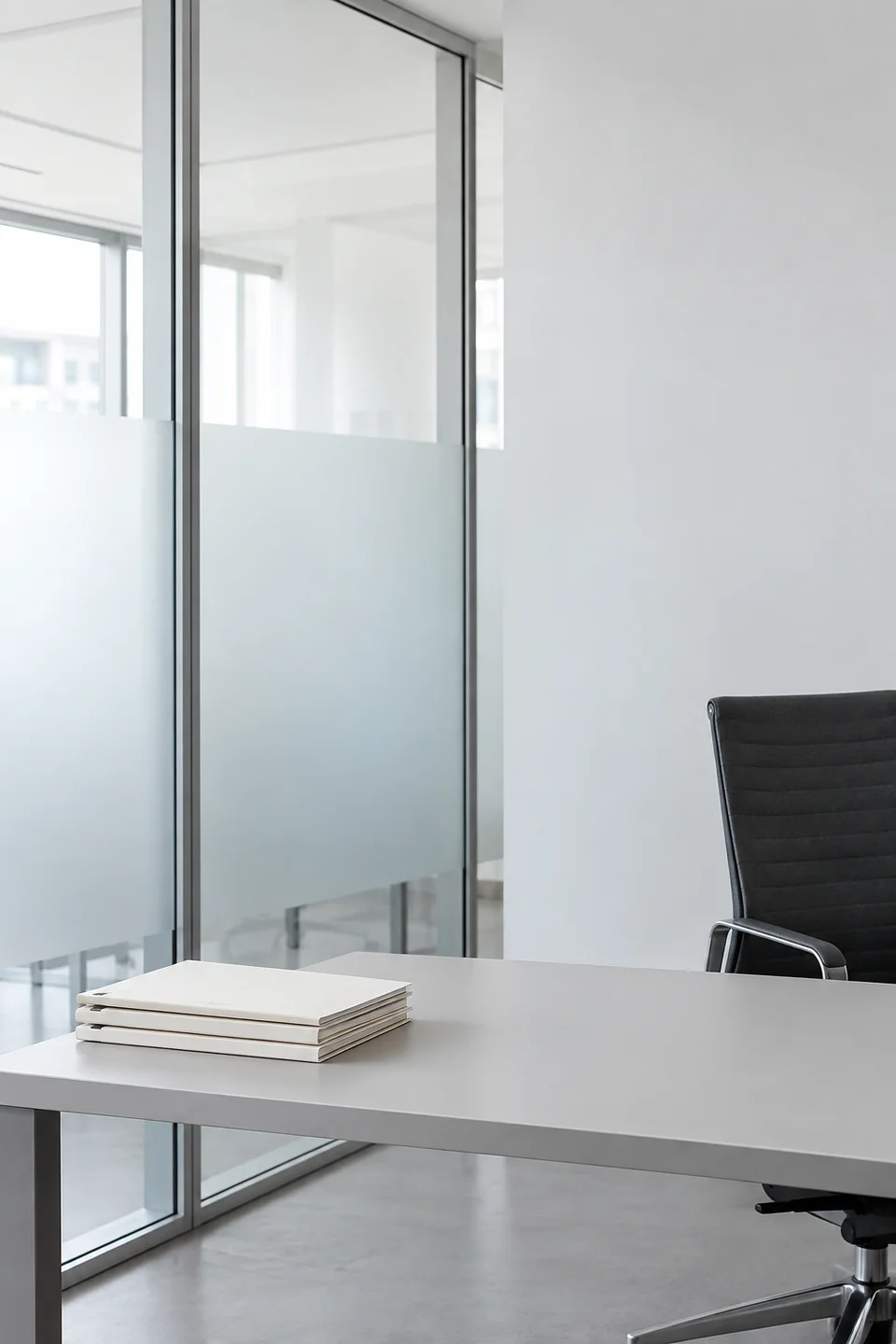 A minimal accountancy workspace with a white desk and frosted glass partition