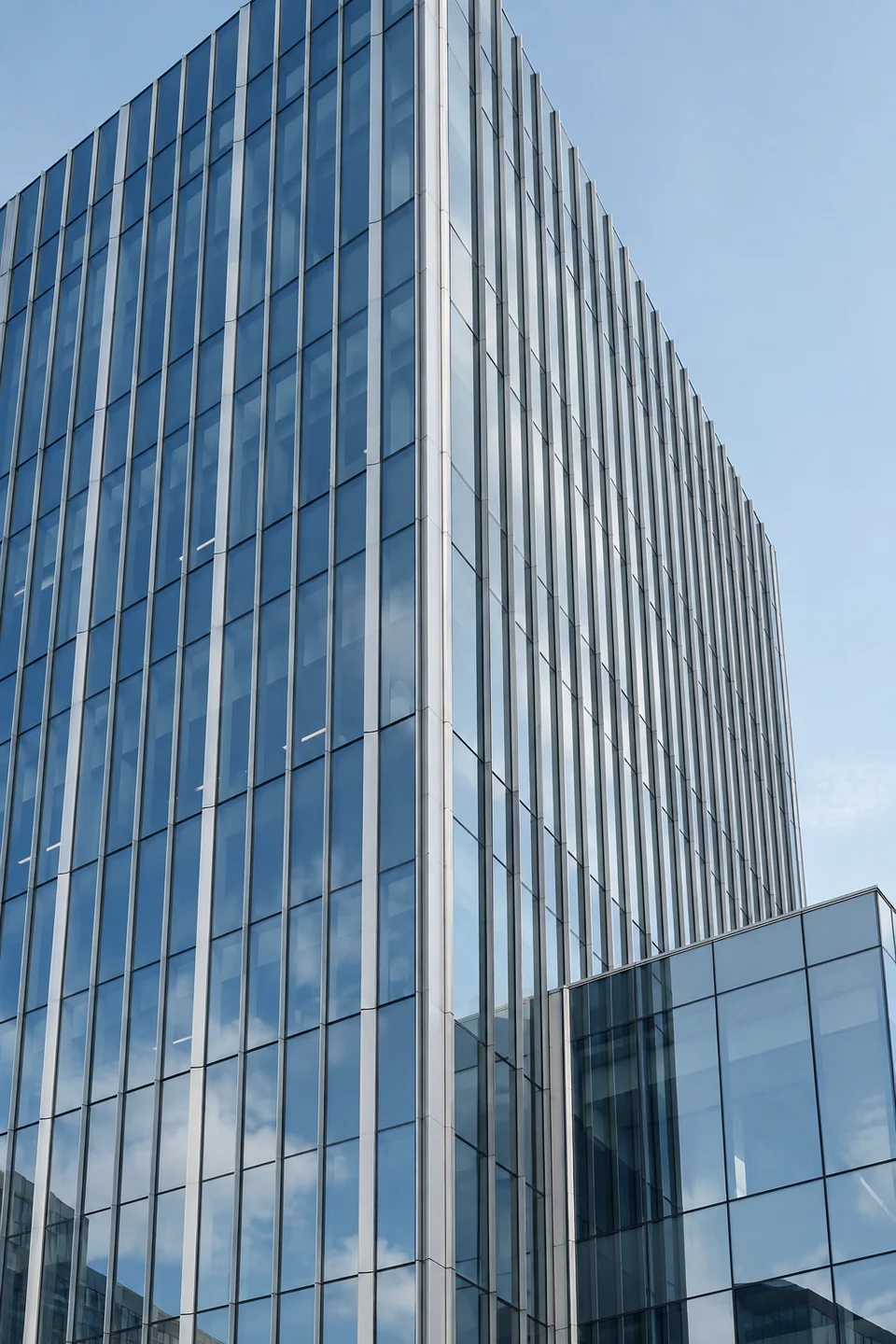 A blue glass office facade with slender silver fins