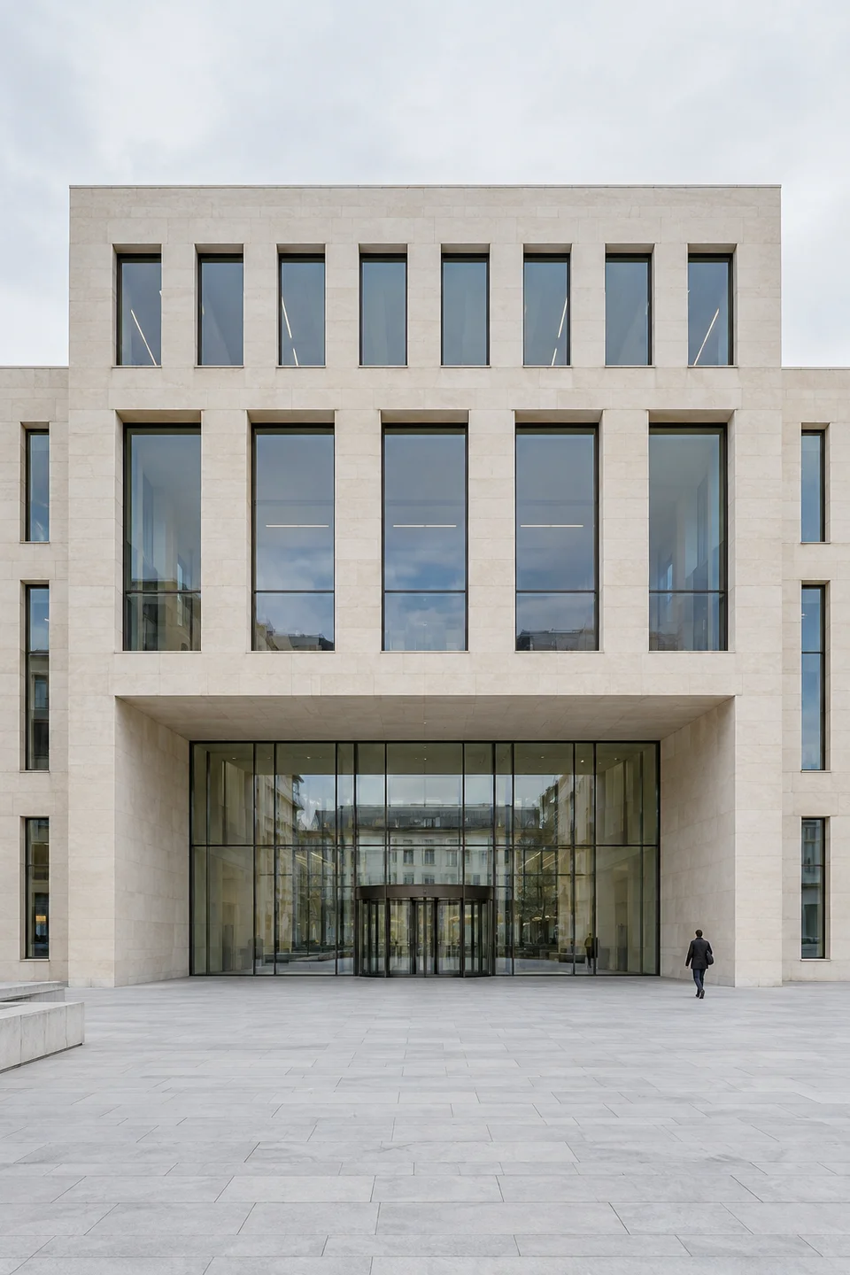 A pale stone municipal building with a recessed glass entrance and open plaza