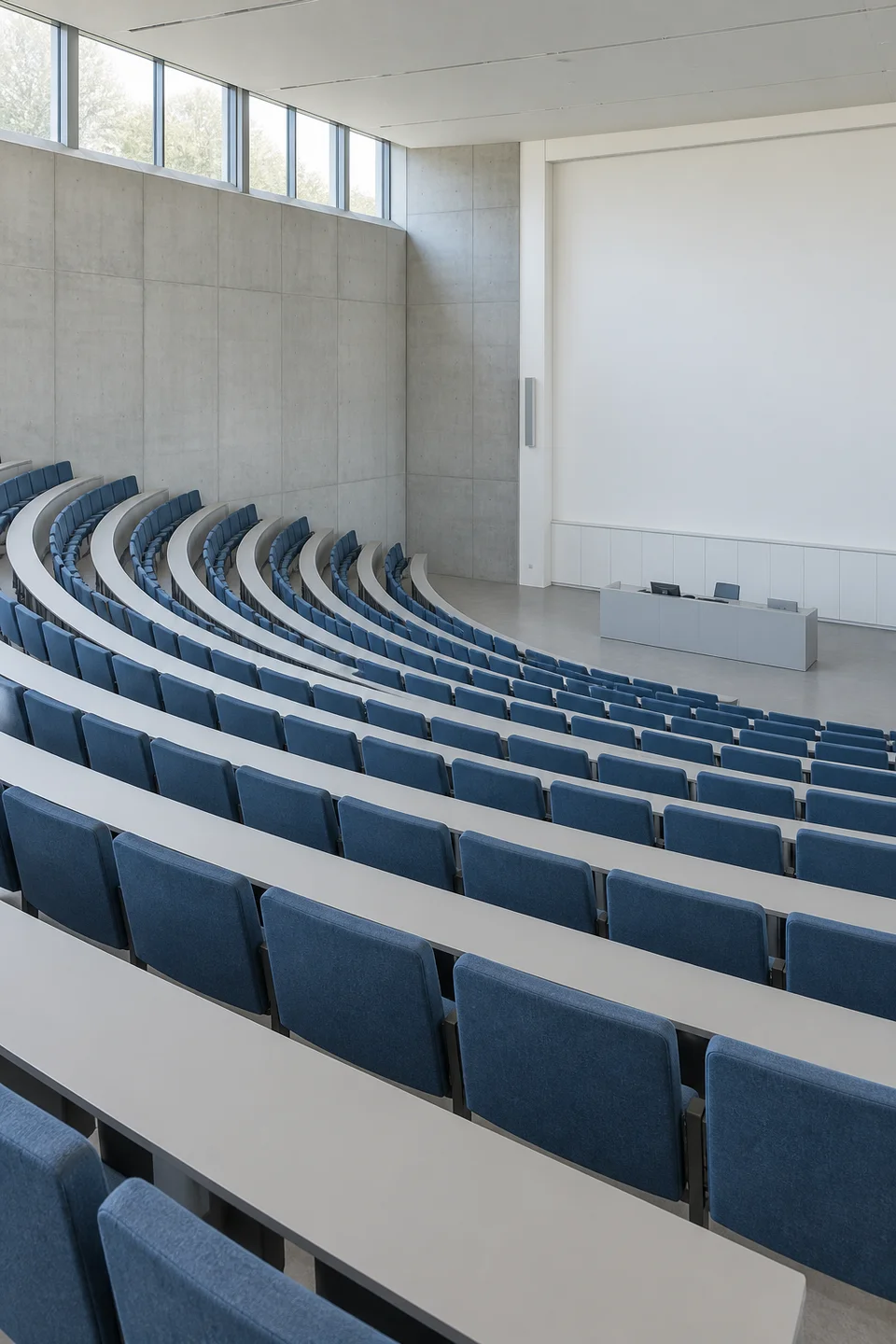 A modern university lecture theatre with curved rows of blue seats